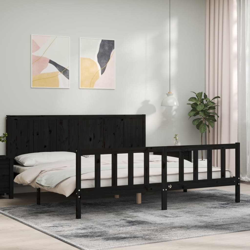 fekete tömör fa ágykeret fejtámlával 200 x 200 cm
