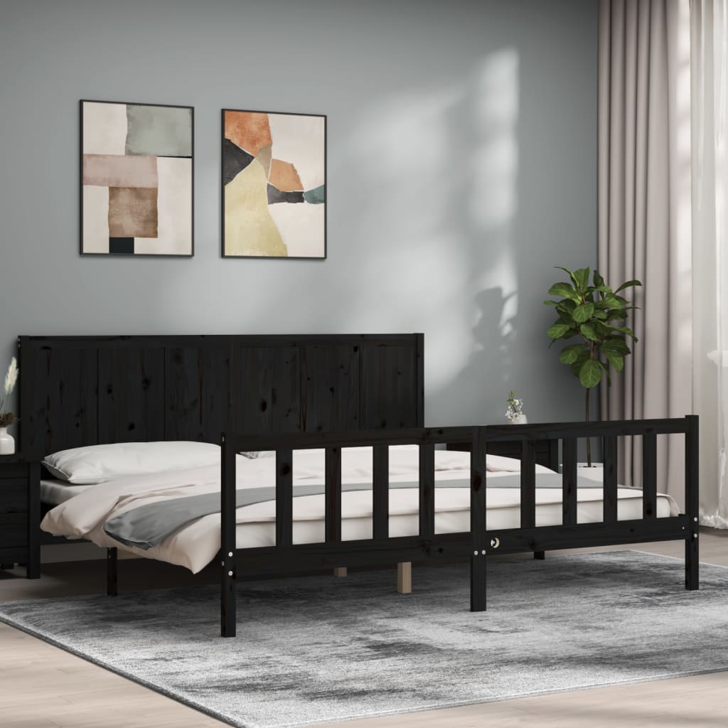fekete tömör fa ágykeret fejtámlával 200 x 200 cm