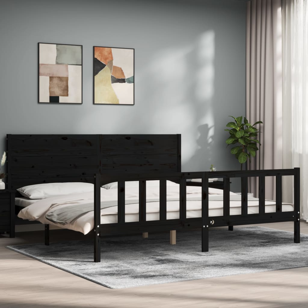 fekete tömör fa ágykeret fejtámlával 200 x 200 cm