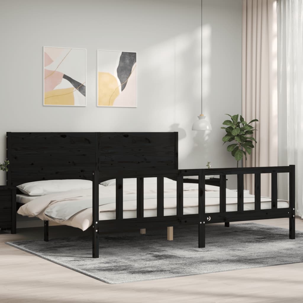 fekete tömör fa ágykeret fejtámlával 200 x 200 cm
