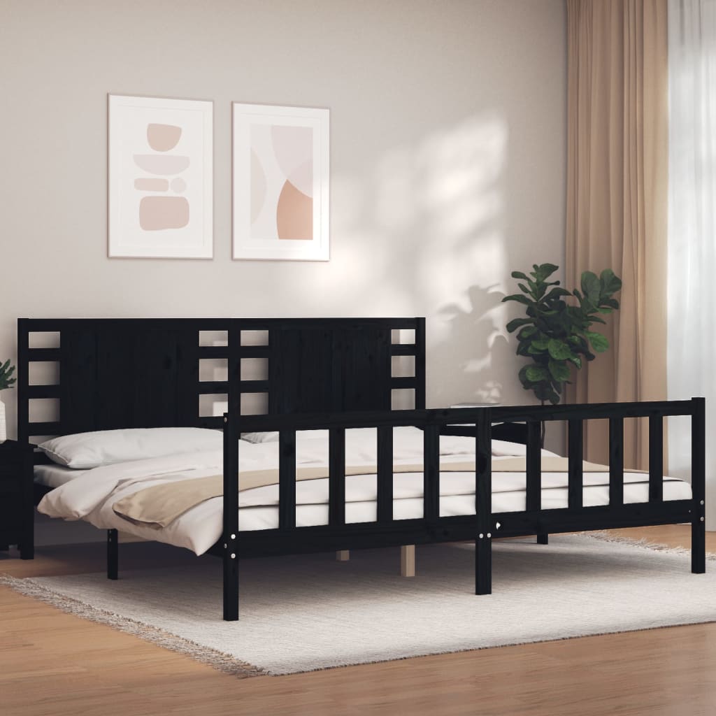 fekete tömör fa ágykeret fejtámlával 200 x 200 cm