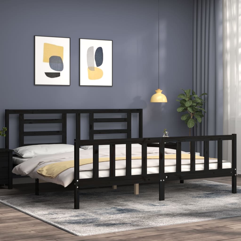 fekete tömör fa ágykeret fejtámlával 200 x 200 cm