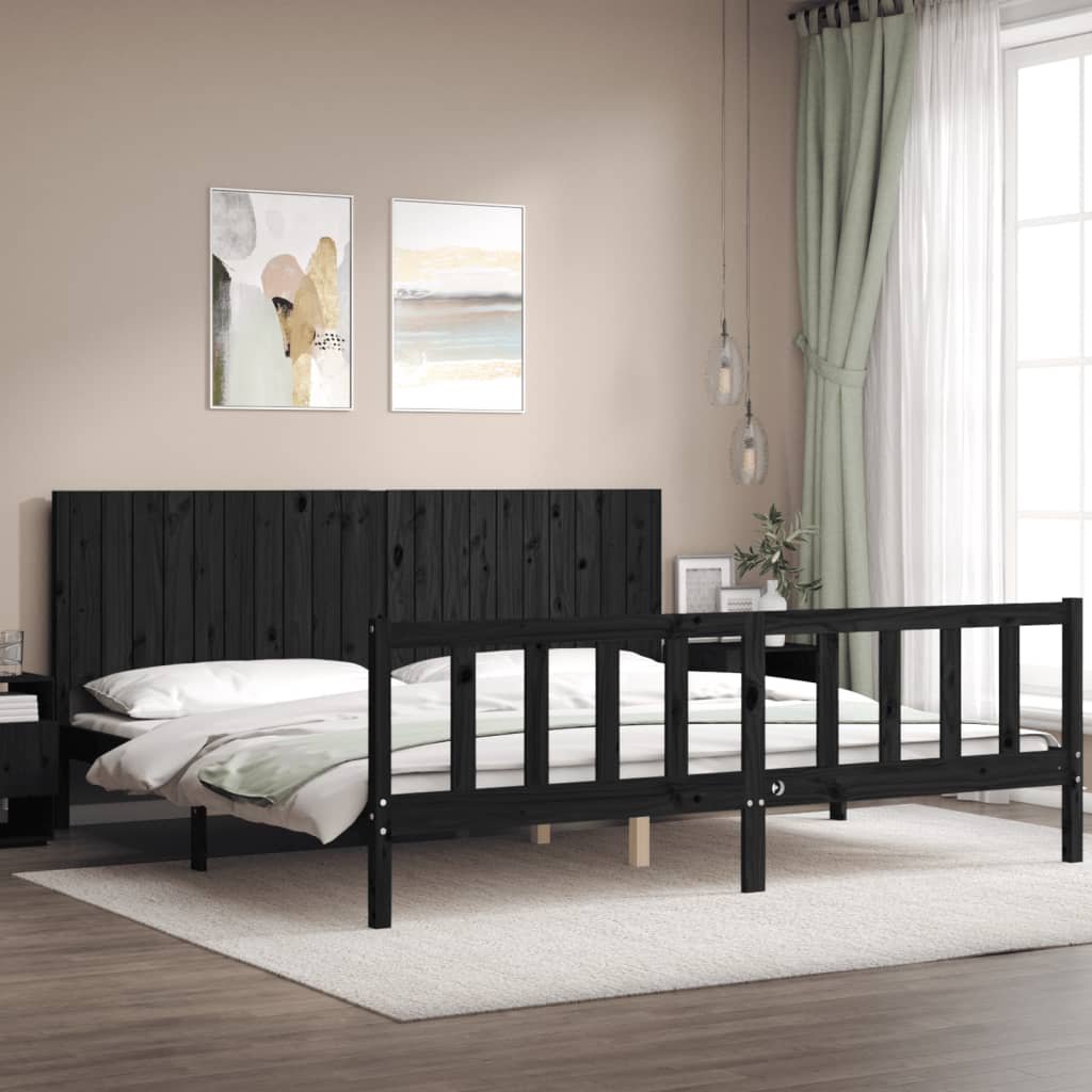 fekete tömör fa ágykeret fejtámlával 200 x 200 cm