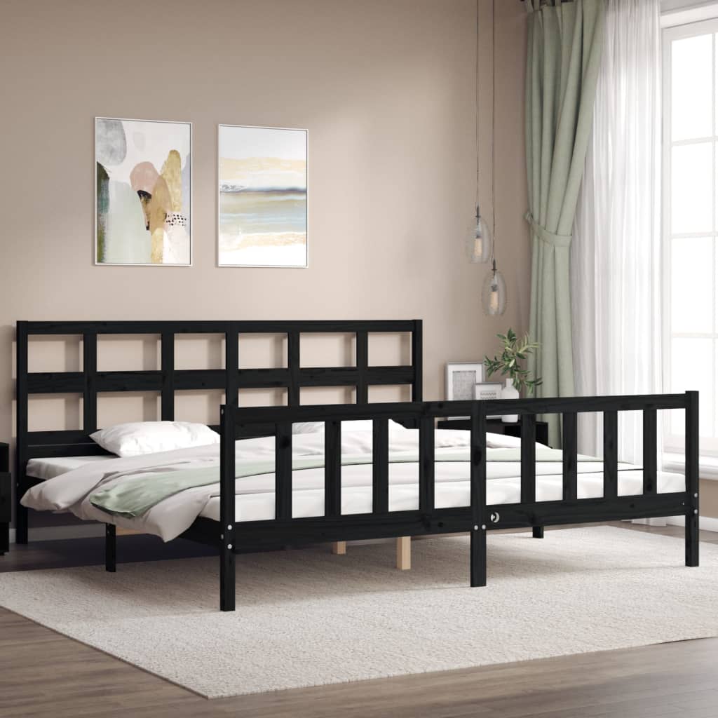 fekete tömör fa ágykeret fejtámlával 200 x 200 cm