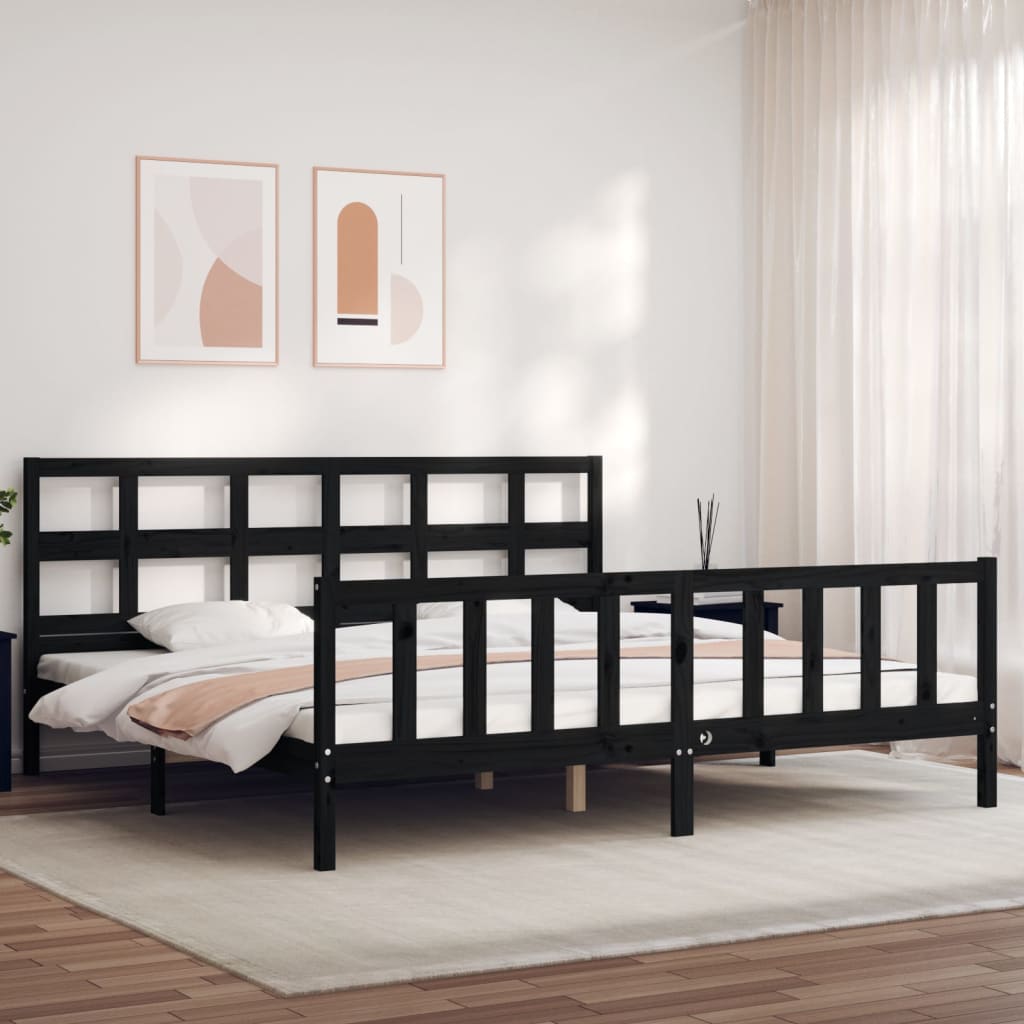 fekete tömör fa ágykeret fejtámlával 200 x 200 cm