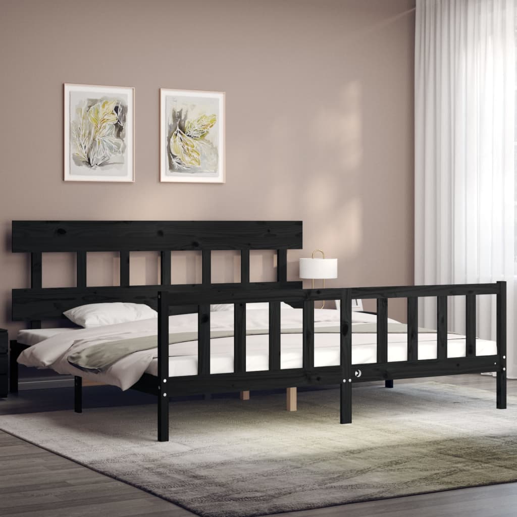 fekete tömör fa ágykeret fejtámlával 200 x 200 cm