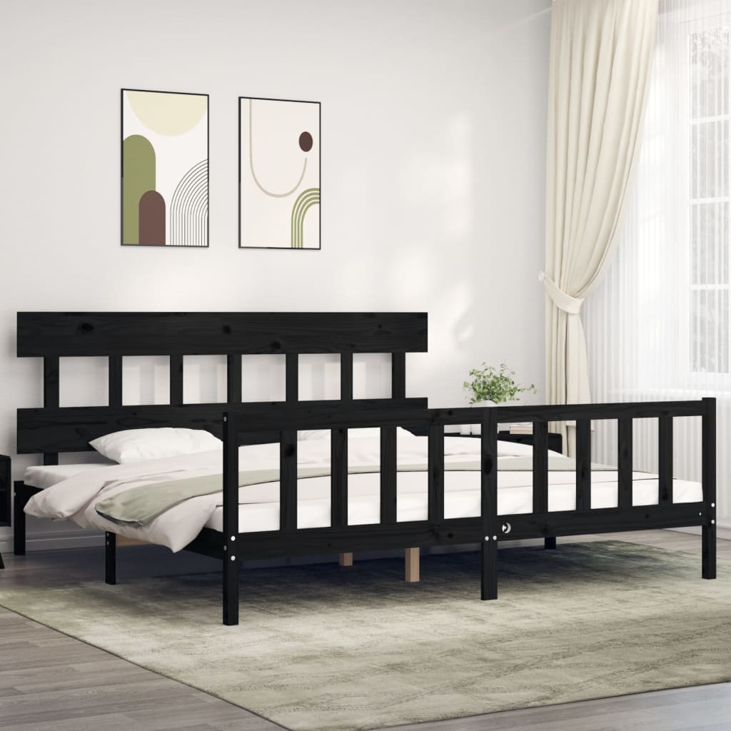 fekete tömör fa ágykeret fejtámlával 200 x 200 cm