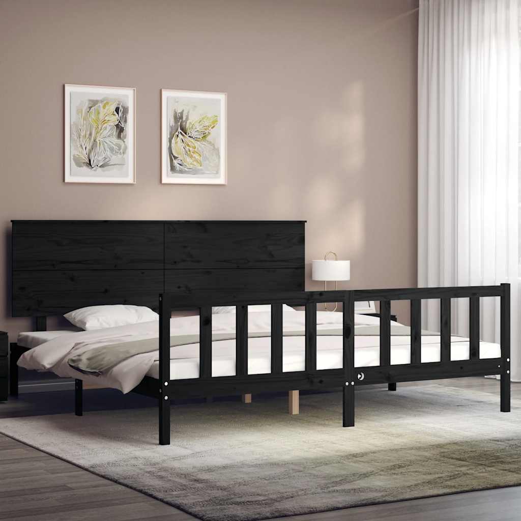 fekete tömör fa ágykeret fejtámlával 200 x 200 cm