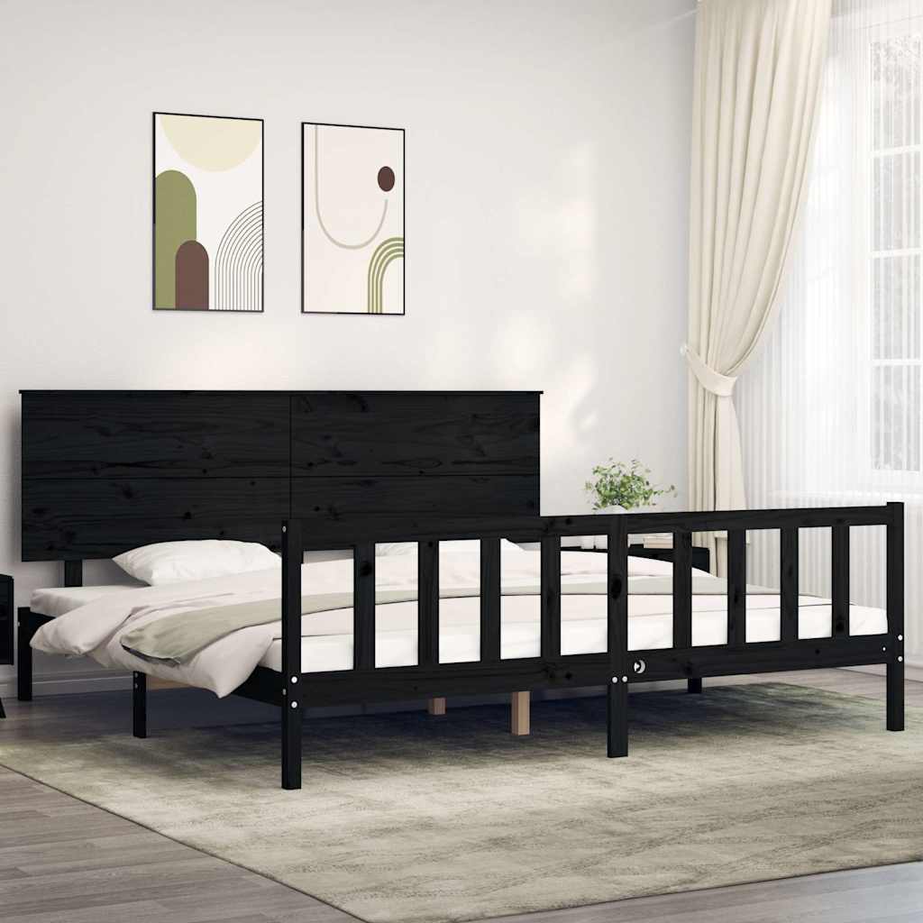 fekete tömör fa ágykeret fejtámlával 200 x 200 cm