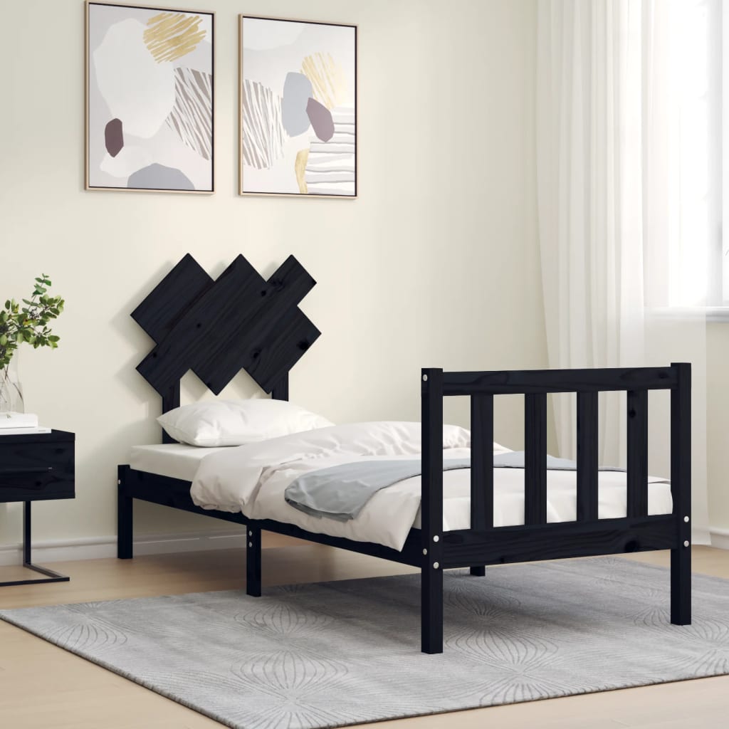 fekete tömör fa ágykeret fejtámlával Small Single