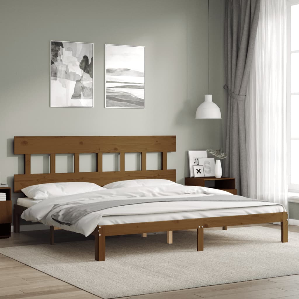 mézbarna tömör fa ágykeret fejtámlával 200 x 200 cm