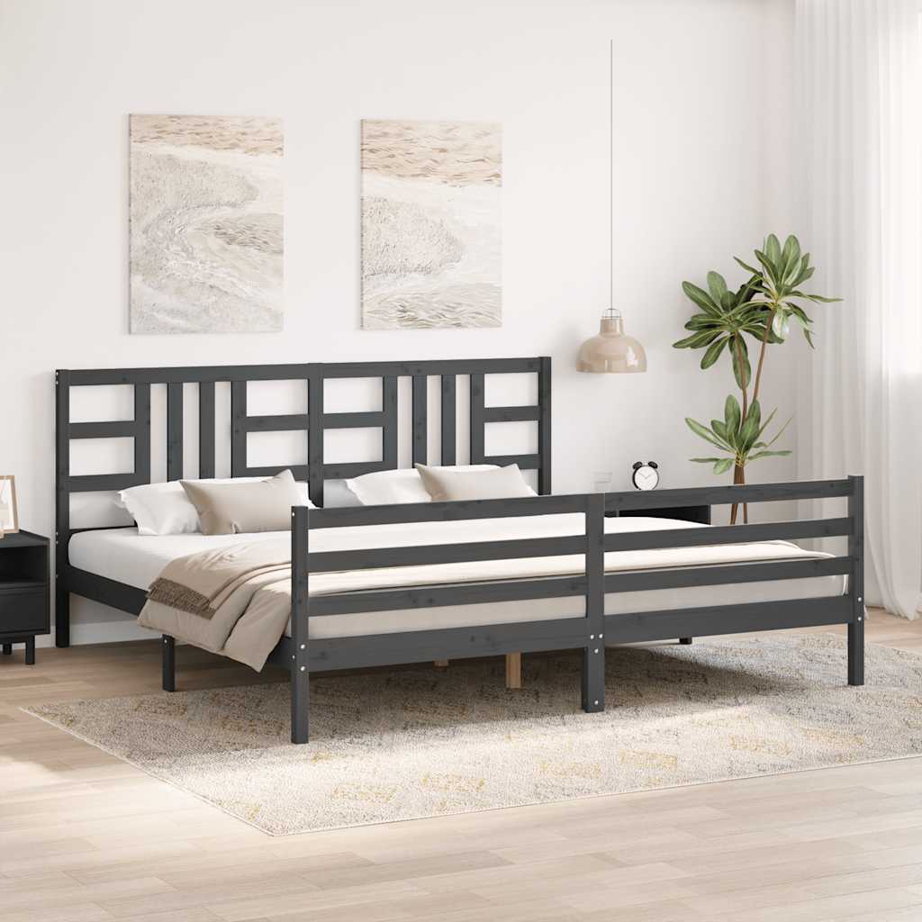 szürke tömör fa ágykeret fejtámlával 200 x 200 cm