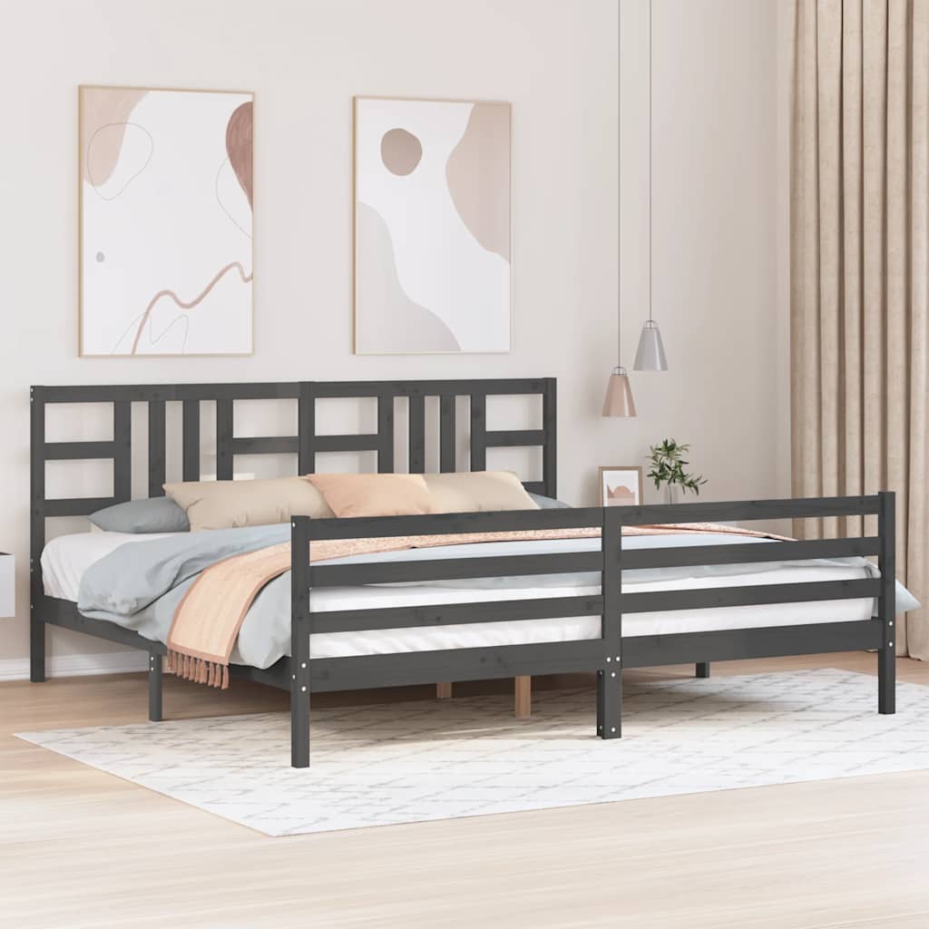 szürke tömör fa ágykeret fejtámlával 200 x 200 cm
