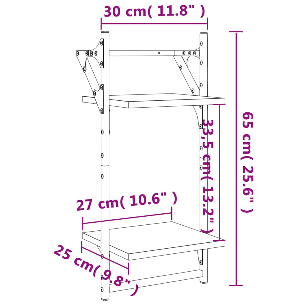 2 db 2 szintes fekete falipolc rúddal 30x25x65 cm