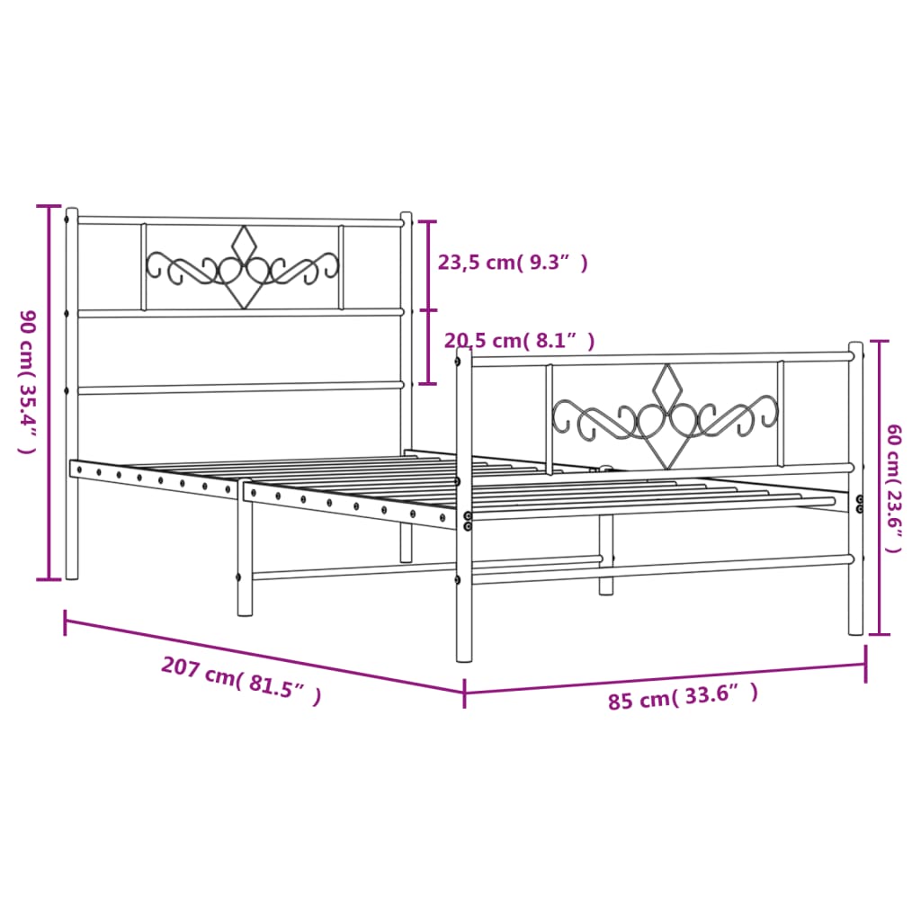 fekete fém ágykeret fej- és lábtámlával 80 x 200 cm