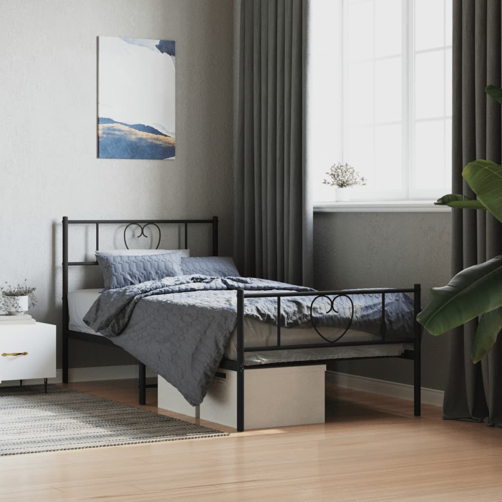 fekete fém ágykeret fej- és lábtámlával 90 x 190 cm