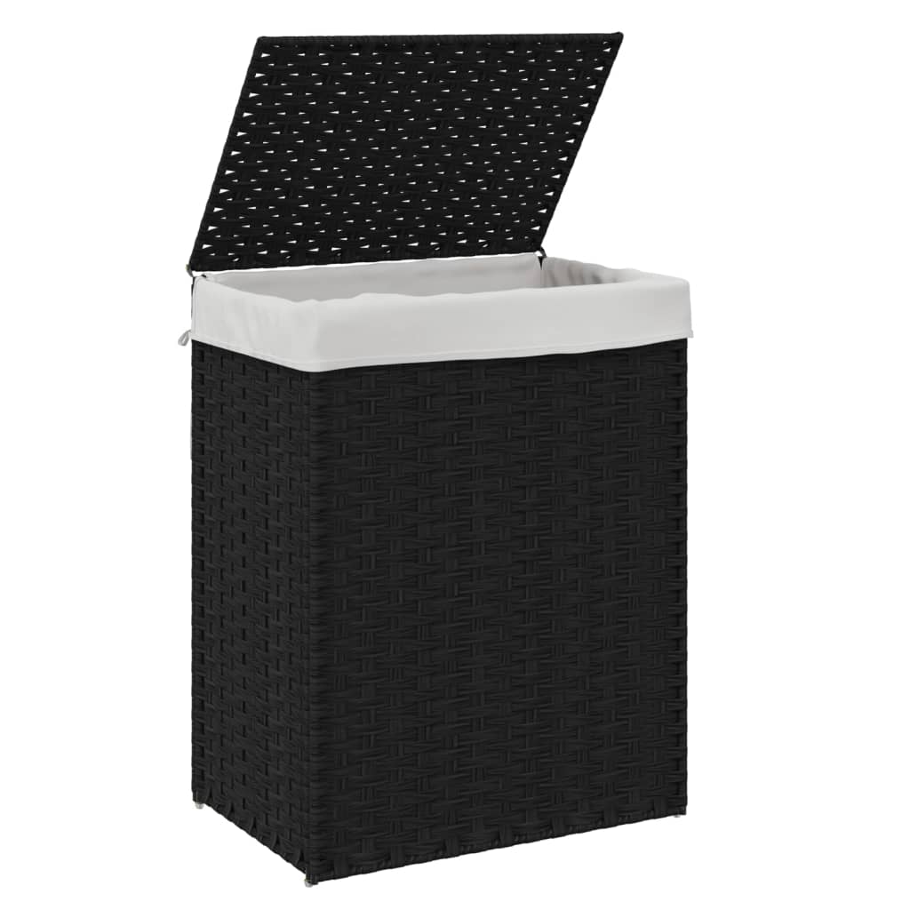 fekete polyrattan szennyeskosár fedéllel 46x33x60 cm
