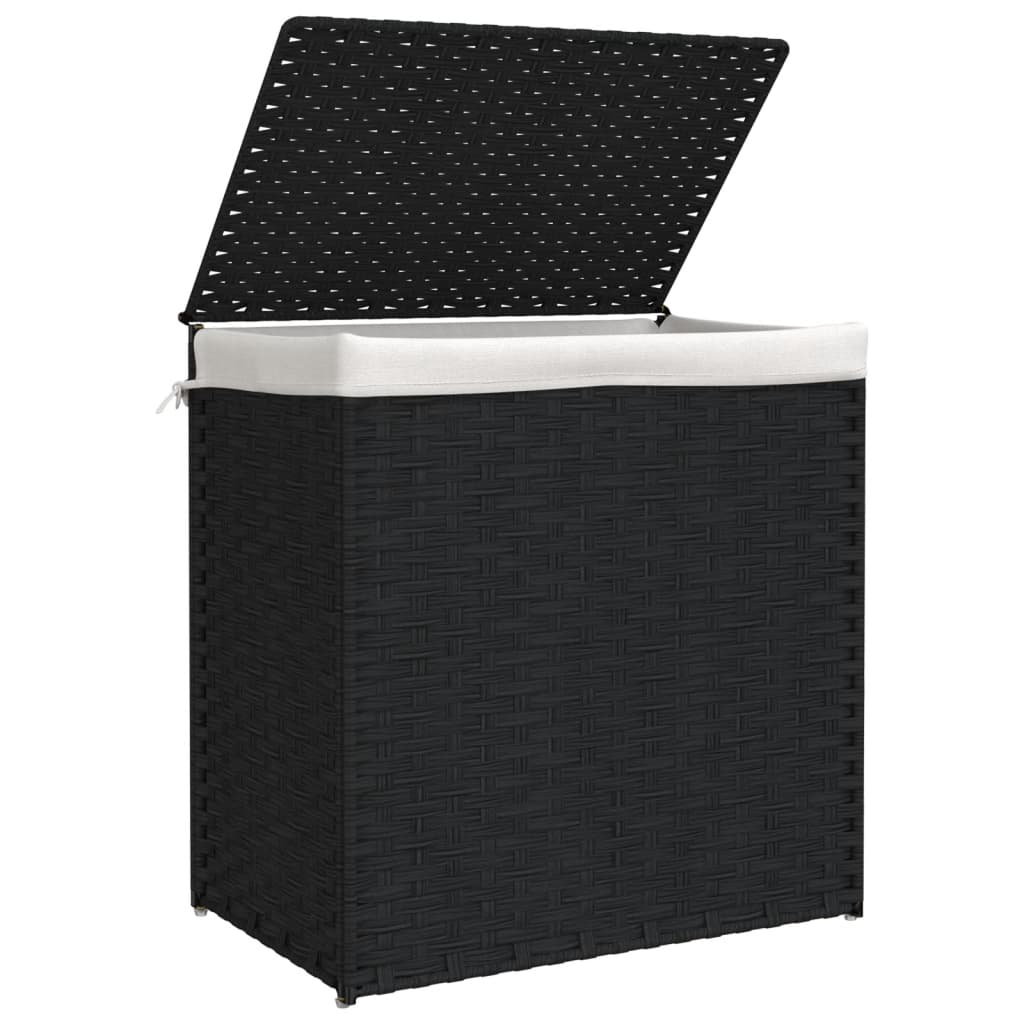 fekete polyrattan szennyeskosár 2 rekesszel 53x33x57 cm