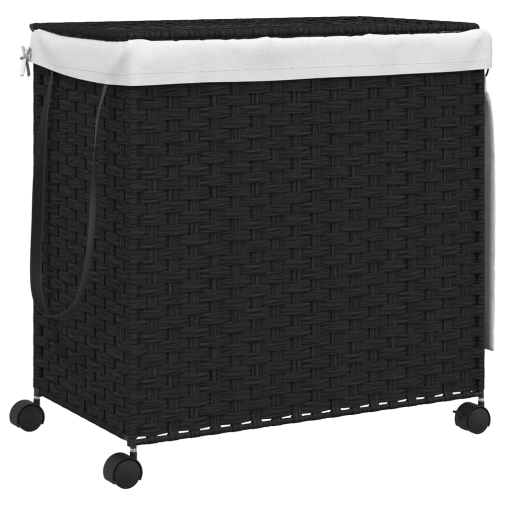 fekete rattan szennyeskosár kerekekkel 60x35x60,5 cm