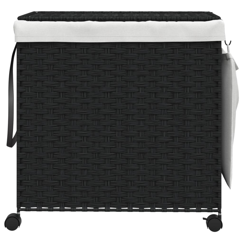 fekete rattan szennyeskosár kerekekkel 60x35x60,5 cm