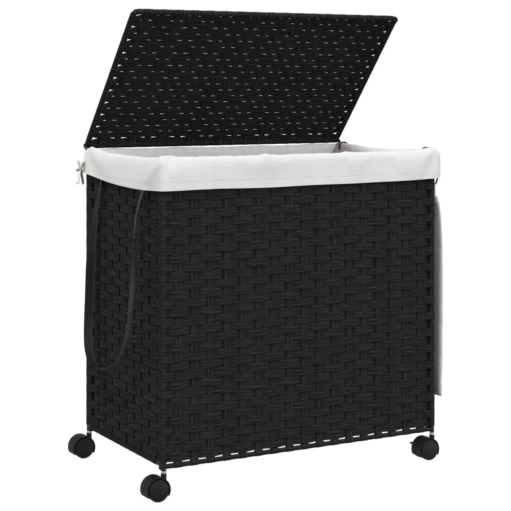 fekete rattan szennyeskosár kerekekkel 60x35x60,5 cm