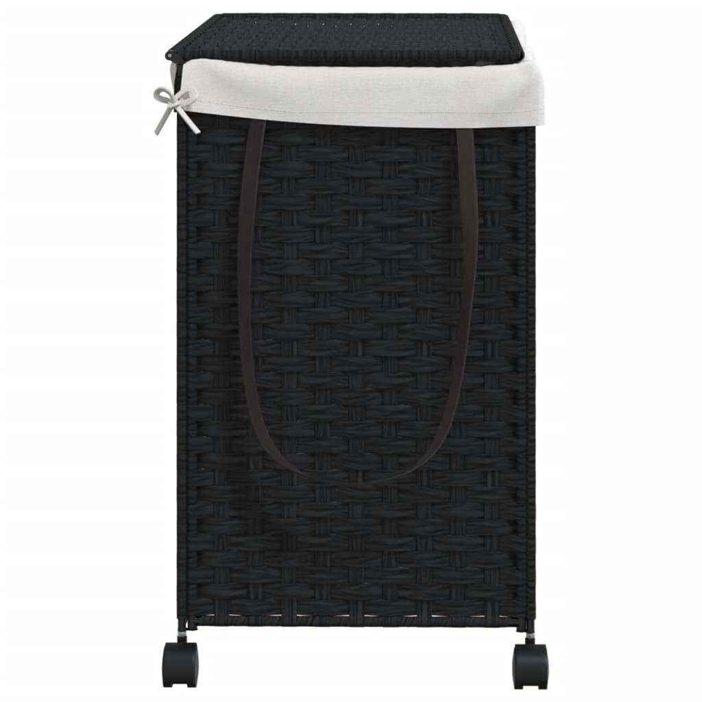fekete rattan szennyeskosár kerekekkel 60x35x60,5 cm