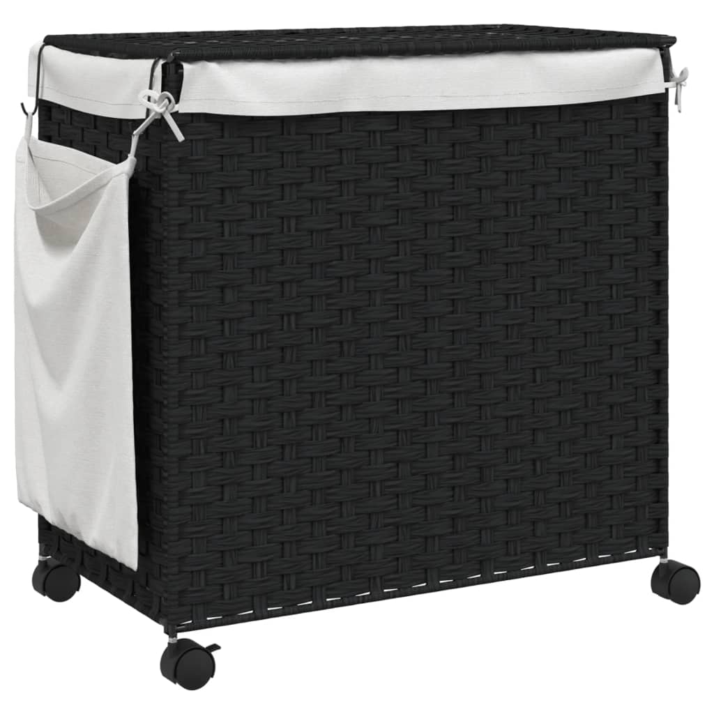 fekete rattan szennyeskosár kerekekkel 60x35x60,5 cm
