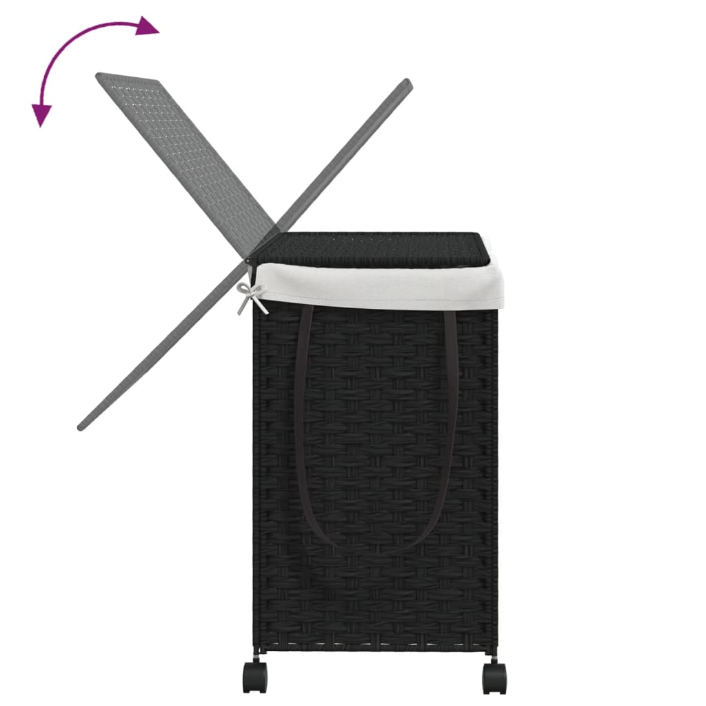 fekete rattan szennyeskosár kerekekkel 60x35x60,5 cm