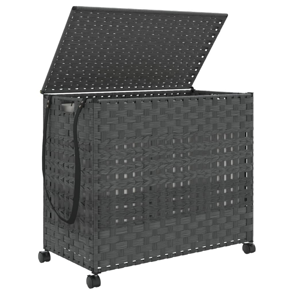 szürke rattan szennyeskosár kerekekkel 66x35x60 cm