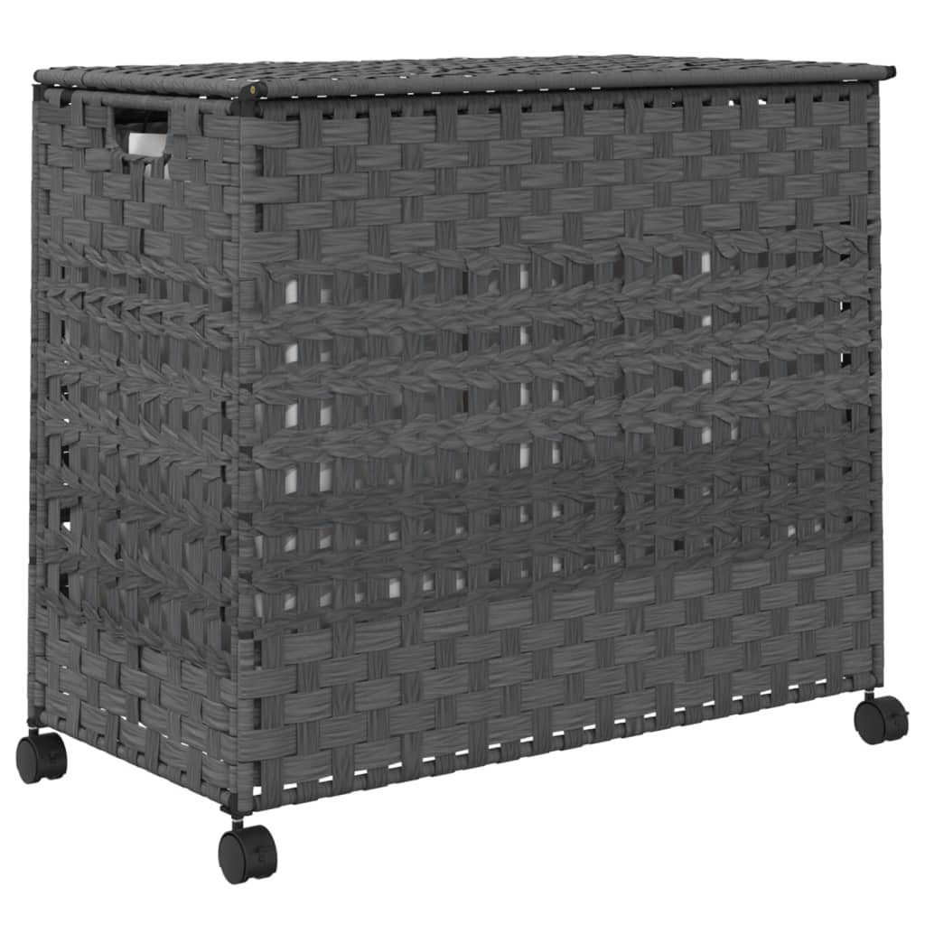 szürke rattan szennyeskosár kerekekkel 66x35x60 cm
