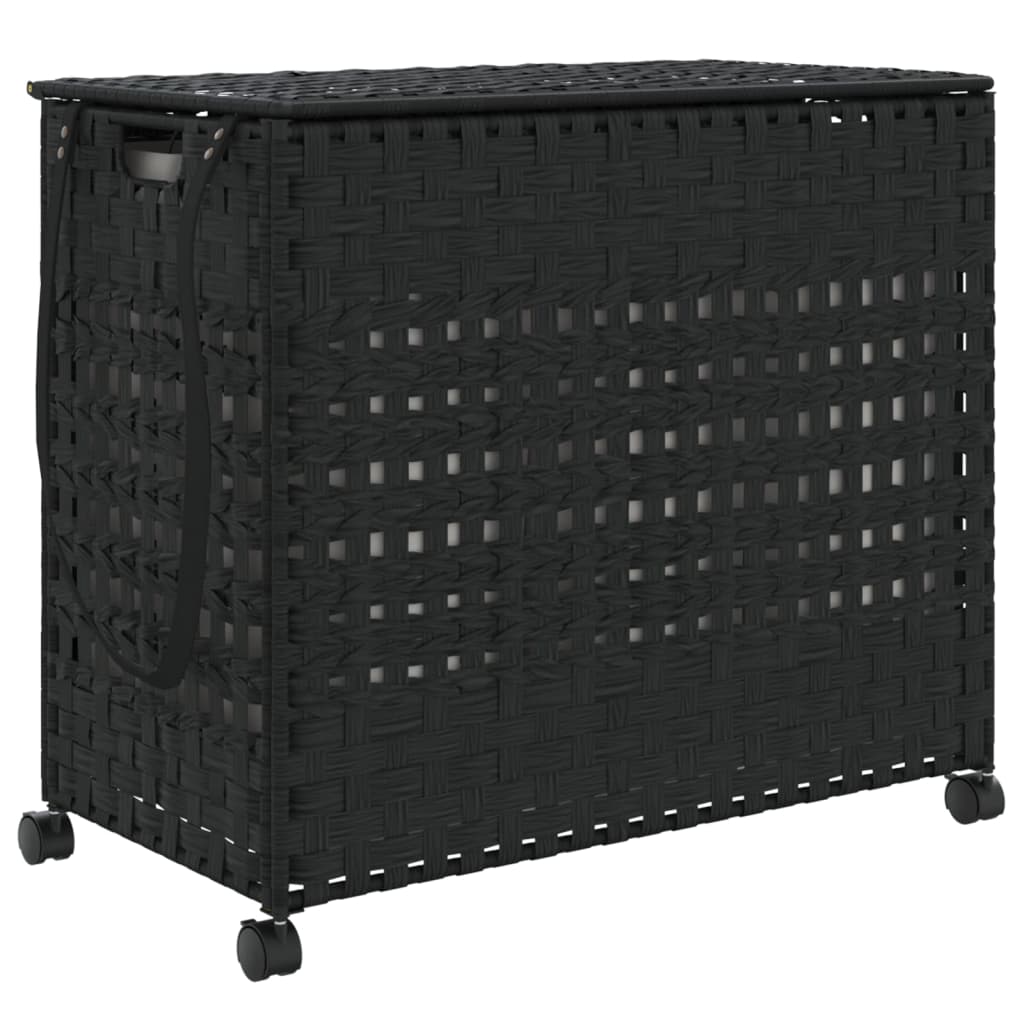 fekete rattan szennyeskosár kerekekkel 66x35x60 cm