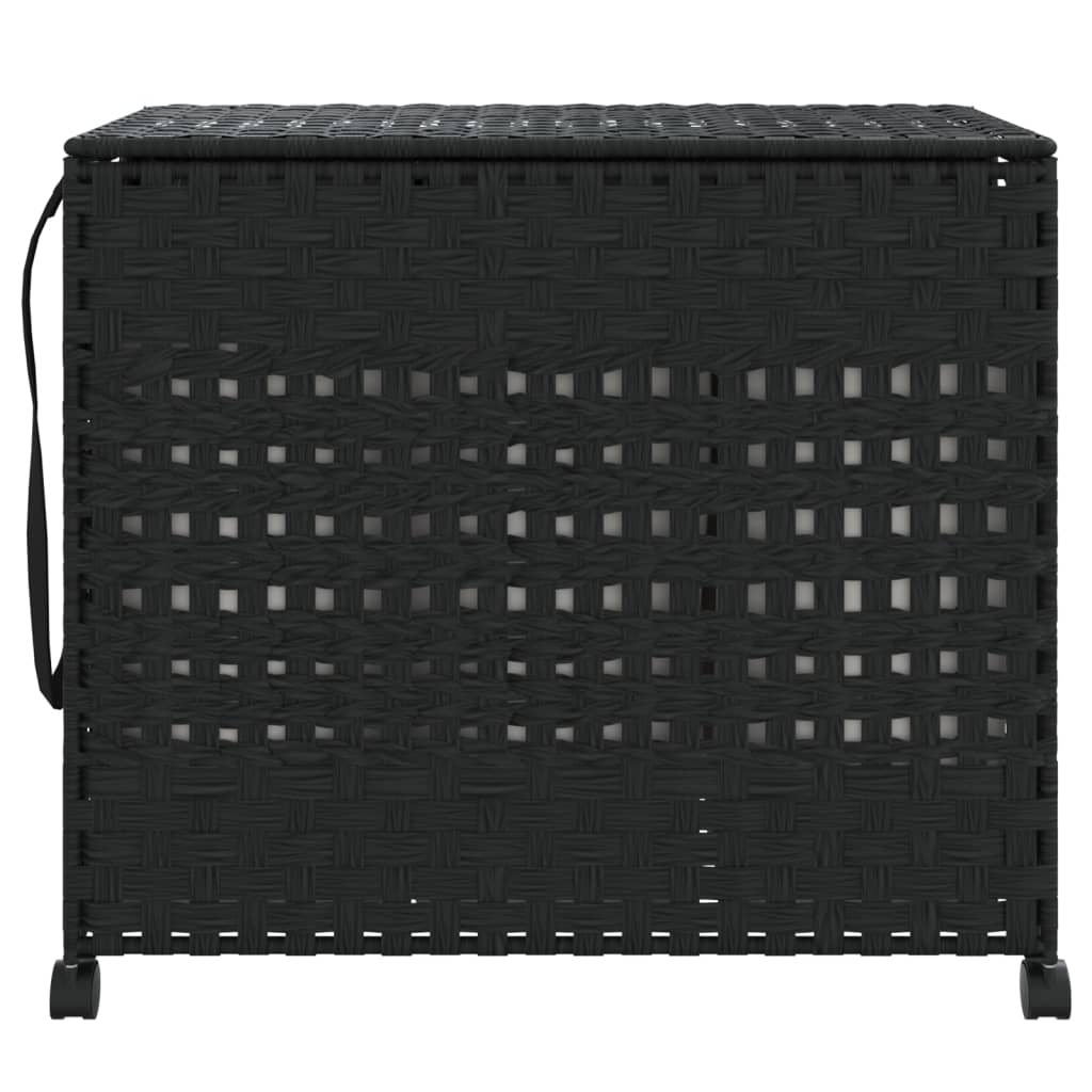 fekete rattan szennyeskosár kerekekkel 66x35x60 cm