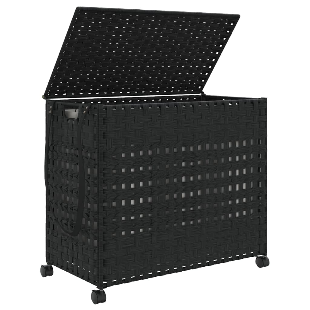 fekete rattan szennyeskosár kerekekkel 66x35x60 cm