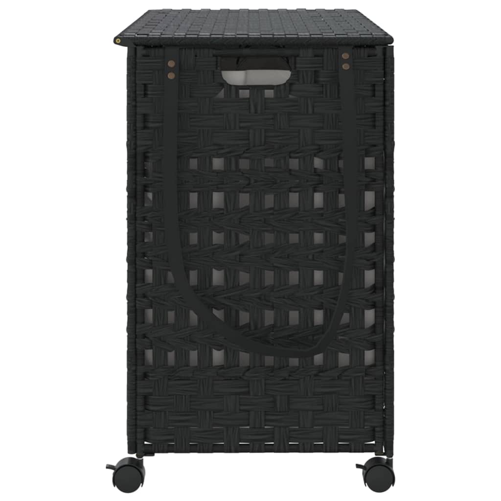 fekete rattan szennyeskosár kerekekkel 66x35x60 cm