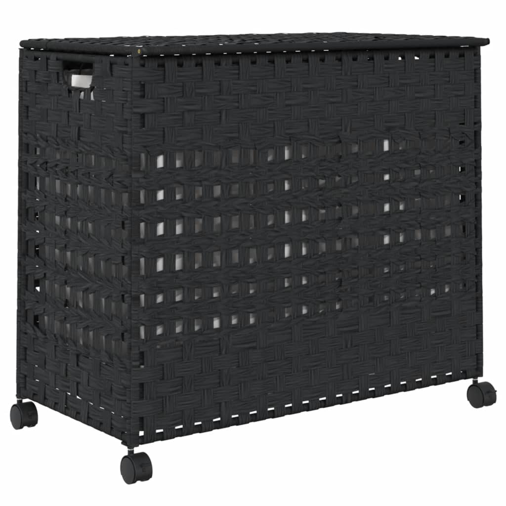 fekete rattan szennyeskosár kerekekkel 66x35x60 cm