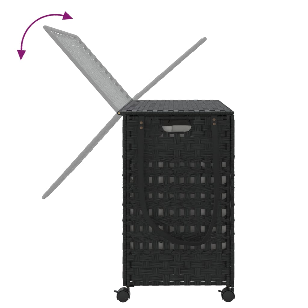 fekete rattan szennyeskosár kerekekkel 66x35x60 cm