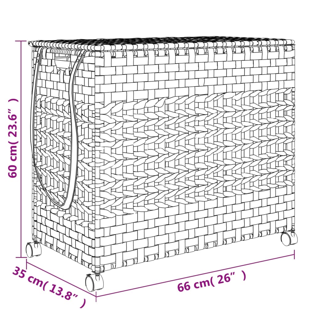 fekete rattan szennyeskosár kerekekkel 66x35x60 cm