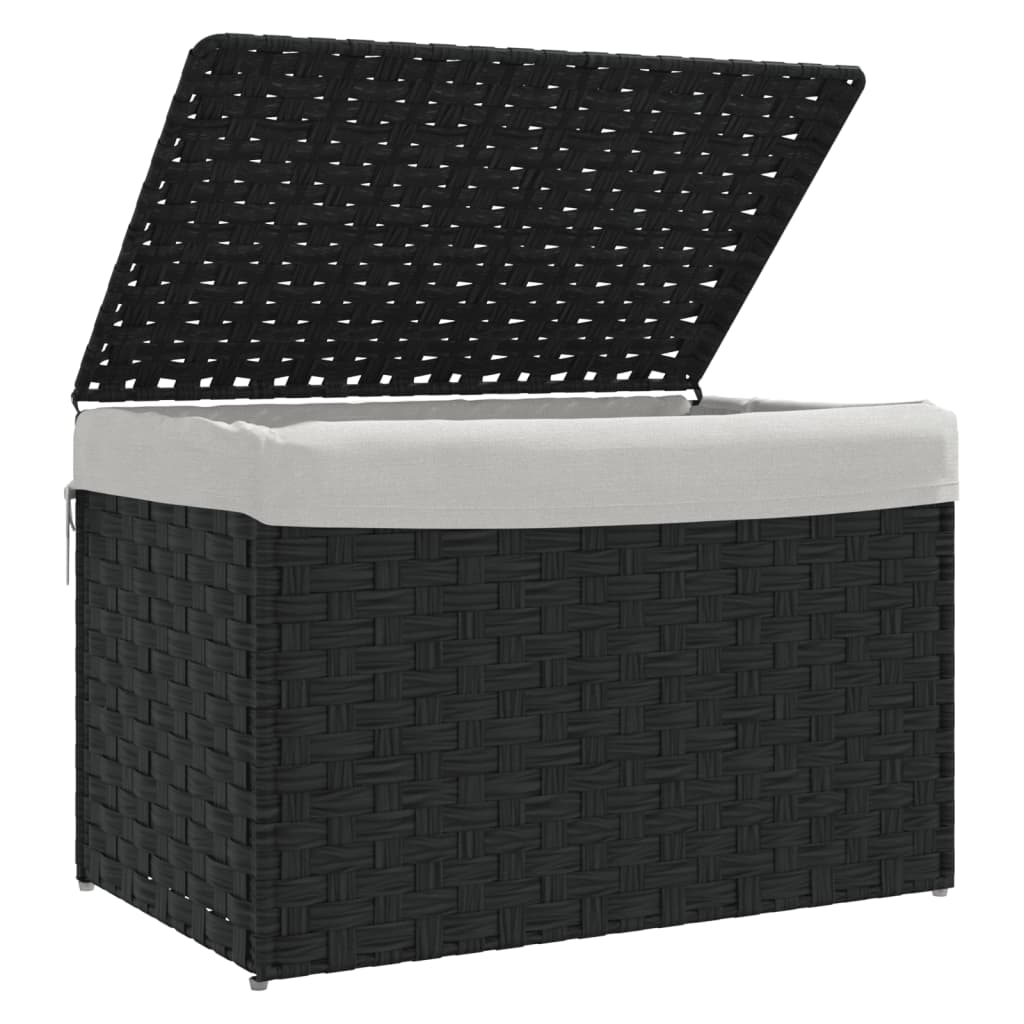 fekete polyrattan szennyeskosár fedéllel 55,5 x 35 x 34 cm