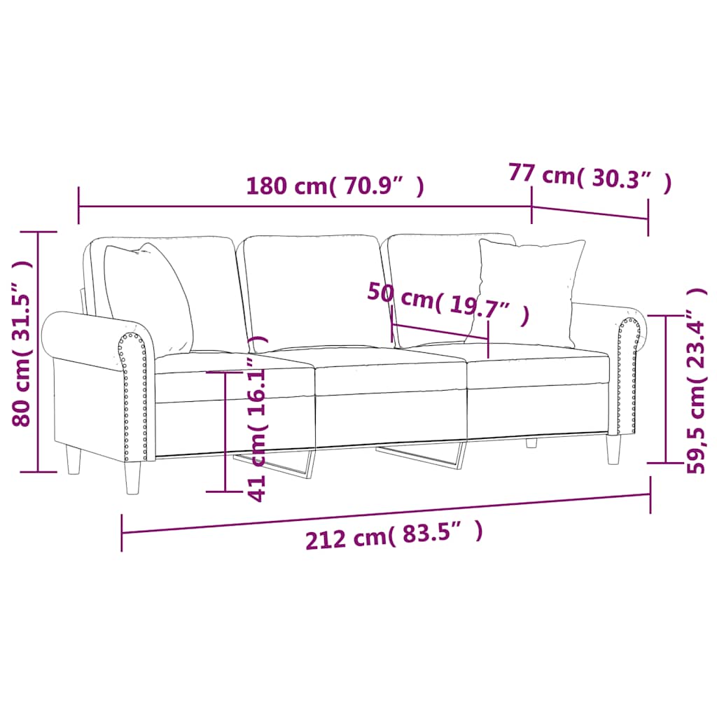 3 személyes barna bársony kanapé díszpárnákkal 180 cm