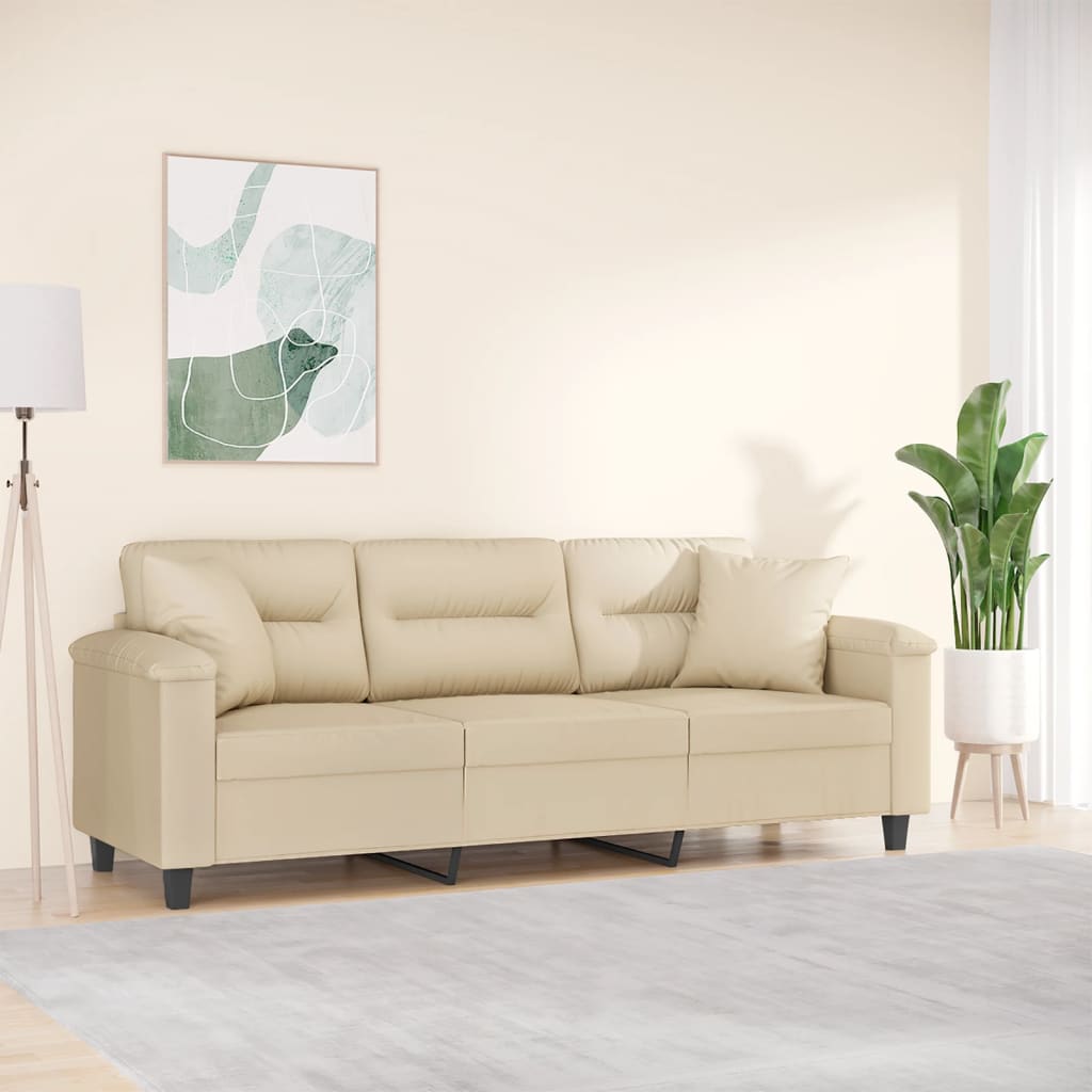 3 személyes krémszínű mikroszálas szövetkanapé párnákkal 180 cm