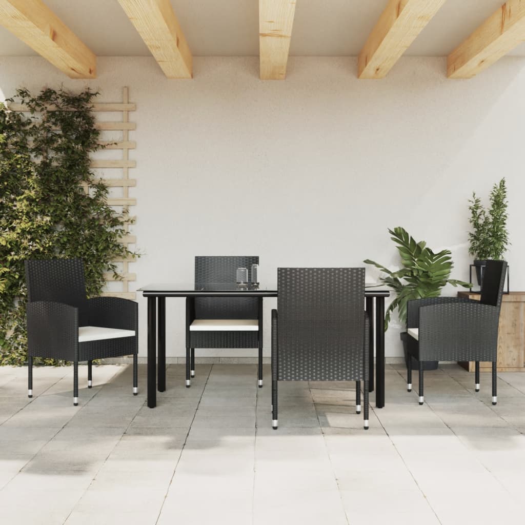5 részes fekete polyrattan és acél kerti étkezőgarnitúra