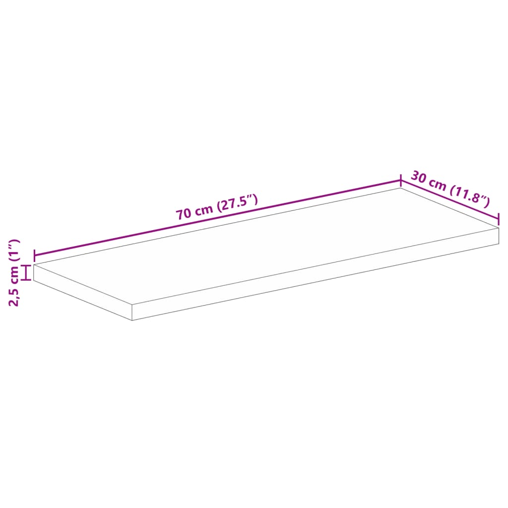 tömör mangófa téglalap alakú asztallap 70x30x2,5 cm