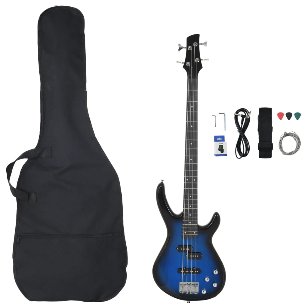 kék-fekete elektromos basszusgitár kezdőknek tokkal 4/4 46"