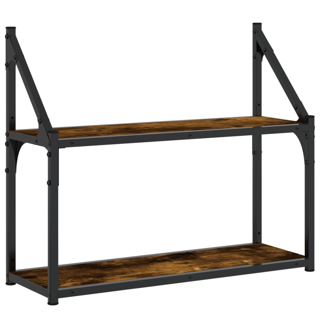 2 szintes füstös tölgy színű szerelt fa fali polc 60x21x51 cm