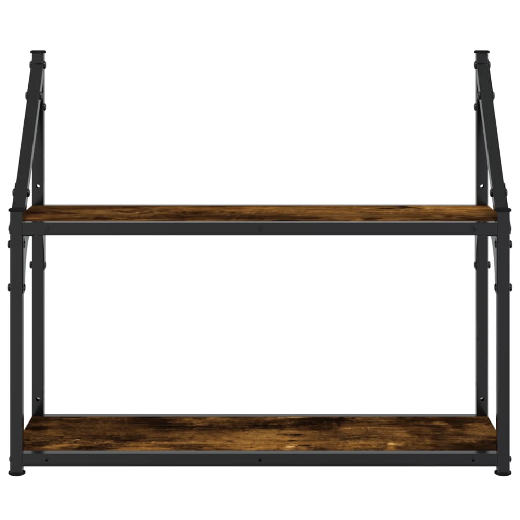 2 szintes füstös tölgy színű szerelt fa fali polc 60x21x51 cm