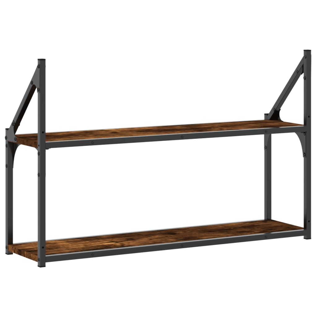 2 szintes füstös tölgy színű szerelt fa fali polc 80x21x51 cm