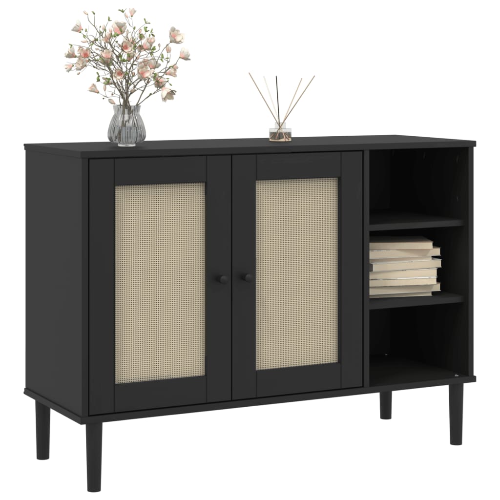 SENJA fekete rattan hatású tálalószekrény 112 x 40 x 80 cm