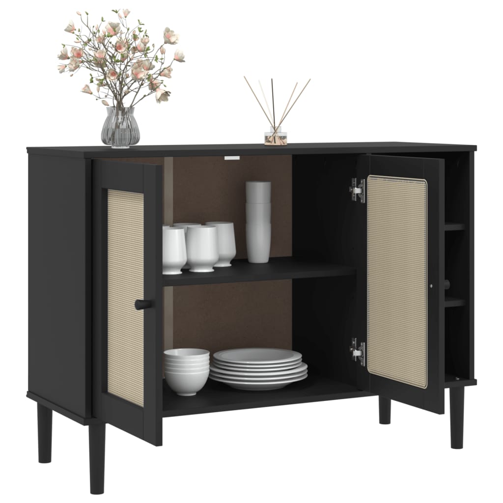 SENJA fekete rattan hatású tálalószekrény 112 x 40 x 80 cm