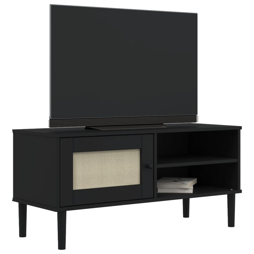 SENJA fekete rattanhatású tömör fenyő TV-szekrény 106x40x49 cm