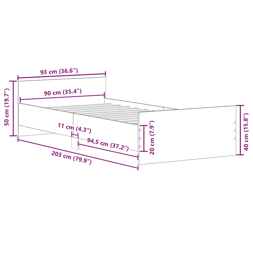 füstös tölgy színű szerelt fa ágykeret matrac nélkül 90x200 cm